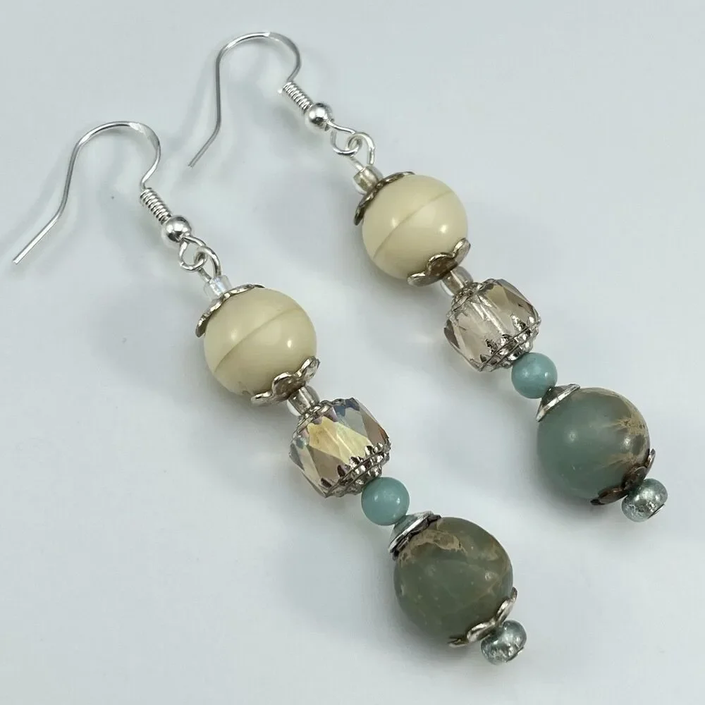 Earrings Sterling Silver Plated Jasper Stone Crystal Beaded Dangle Boho Cute